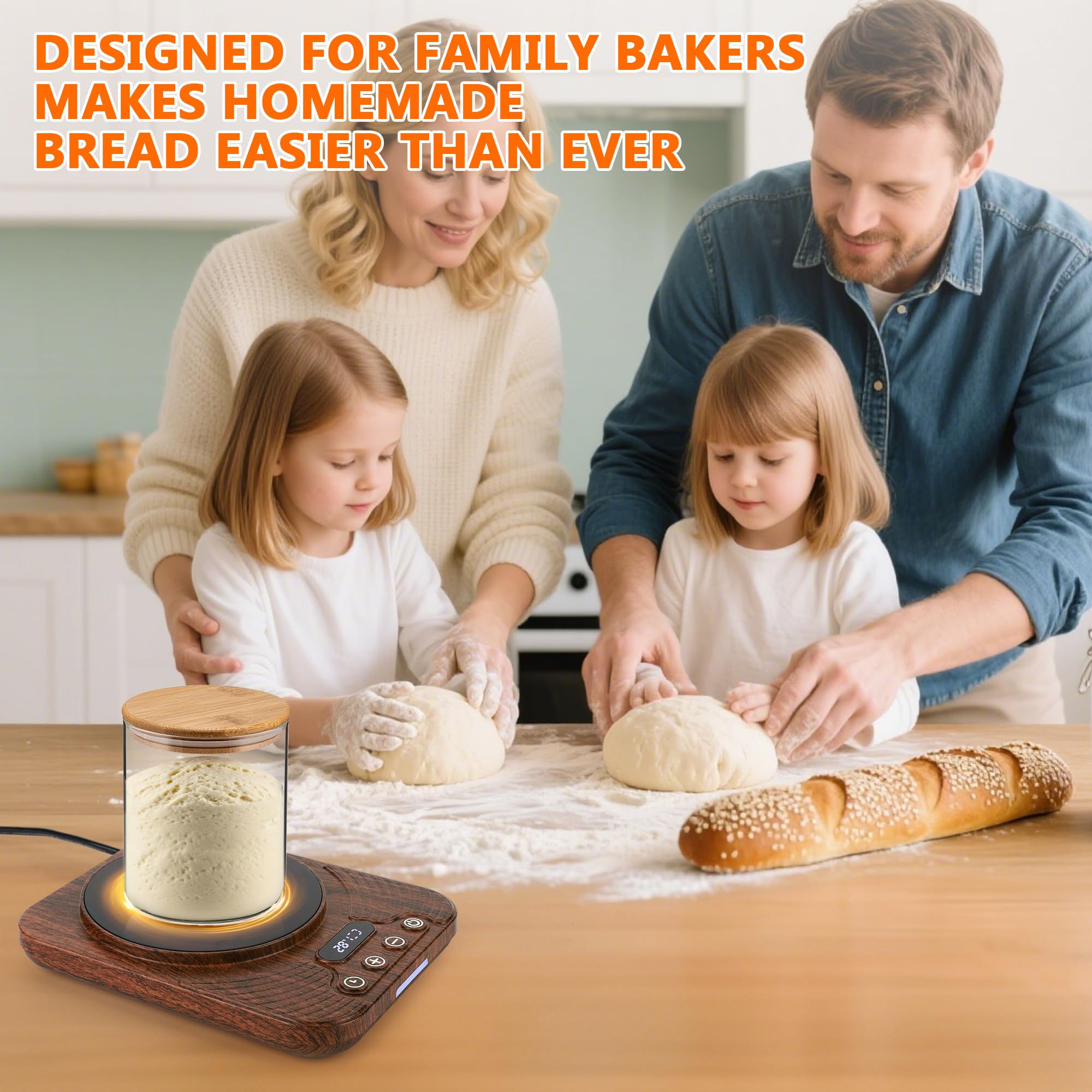 ShtNeeg Sourdough Warmer on a modern kitchen counter ideal for bakers.