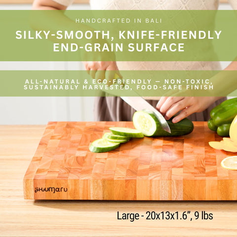 SHUMARU end-grain board side view highlights ergonomic handles for easy lifting.
