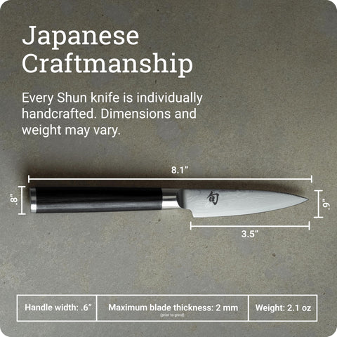 Shun Classic paring knife offset bolster protects knuckles during use