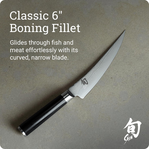Shun Classic 6-Inch Boning Knife Damascus layers detail for durability.