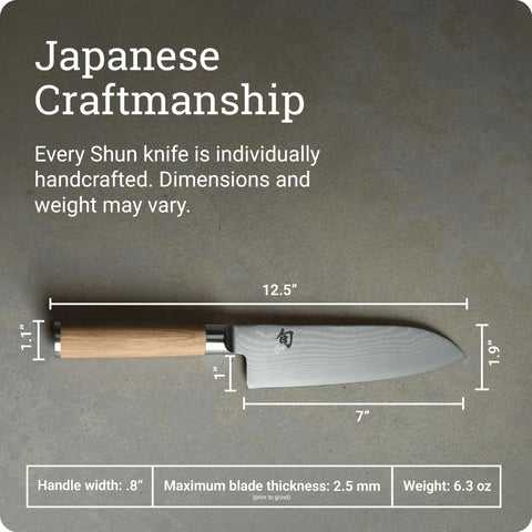 Shun Classic Blonde Santoku D-shaped handle offers ergonomic control.