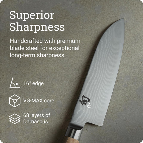 Shun Classic Blonde Santoku blade shows Damascus cladding for lasting sharpness and beauty.