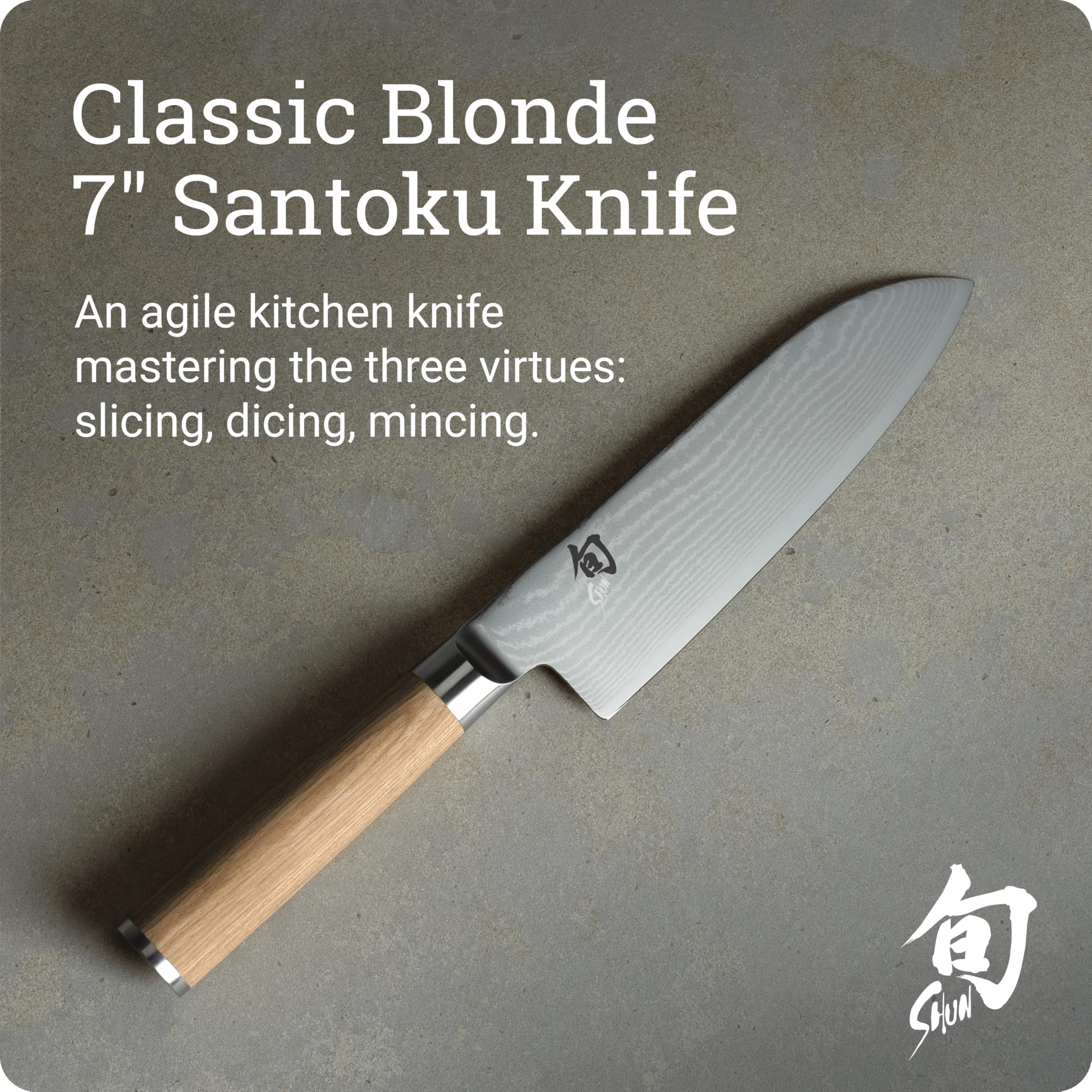 Shun Classic Blonde Santoku handle with D-shaped pakkawood grip for secure grip.