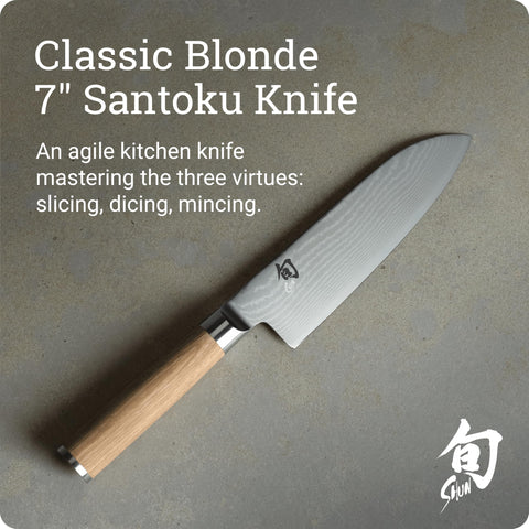 Shun Classic Blonde Santoku handle with D-shaped pakkawood grip for secure grip.