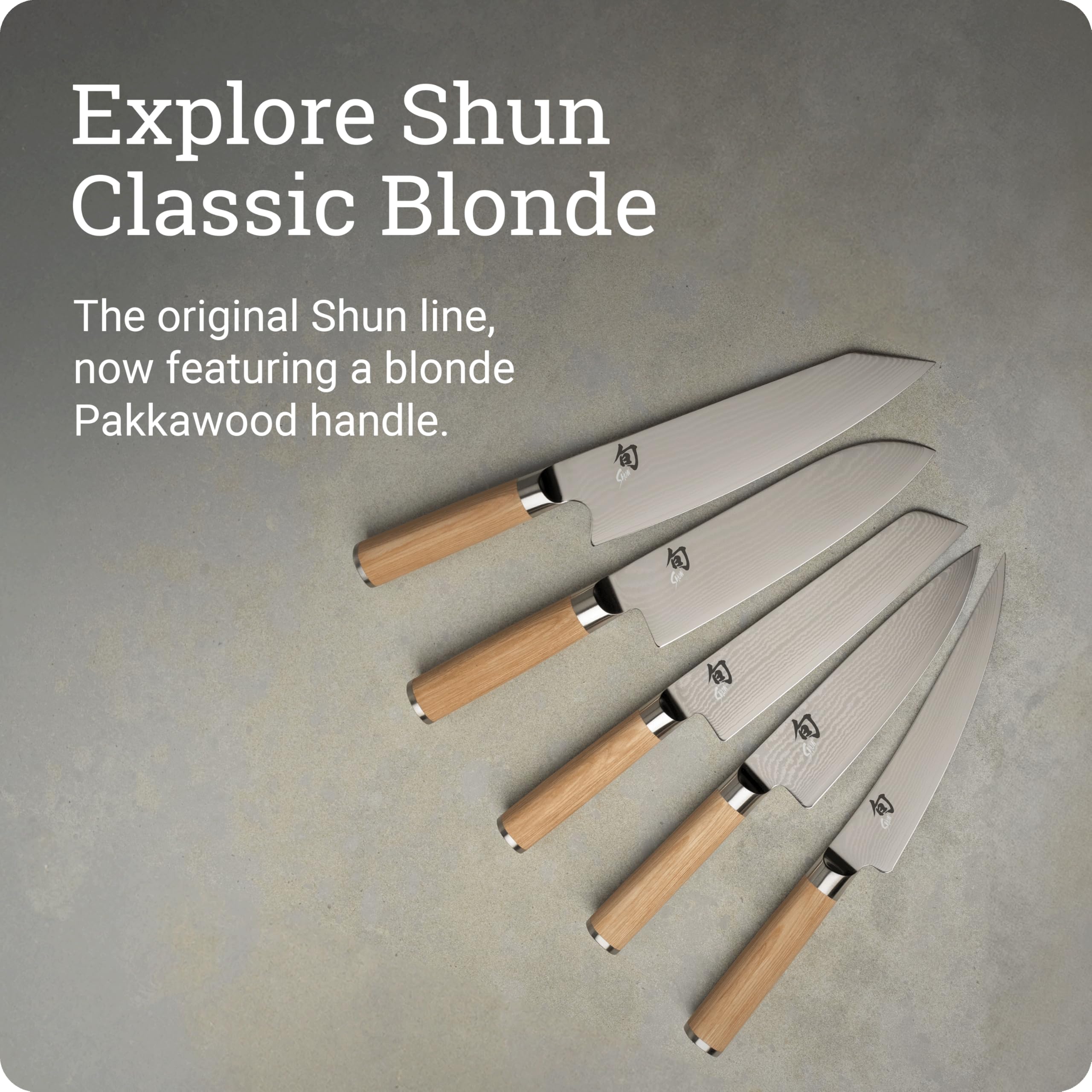 Shun Classic Blonde Santoku pakkawood-handle in close-up for comfortable use.