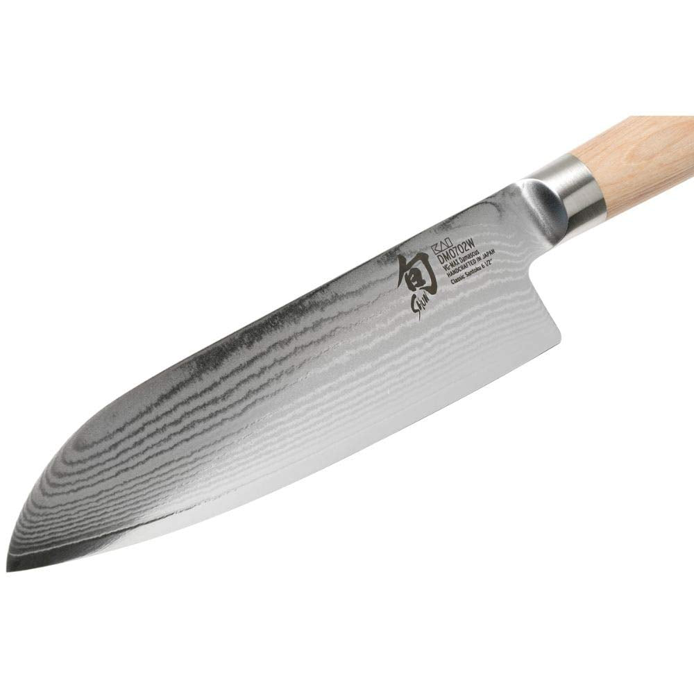 Shun Classic Blonde Santoku VG-MAX core in bright blade aids clean cuts.