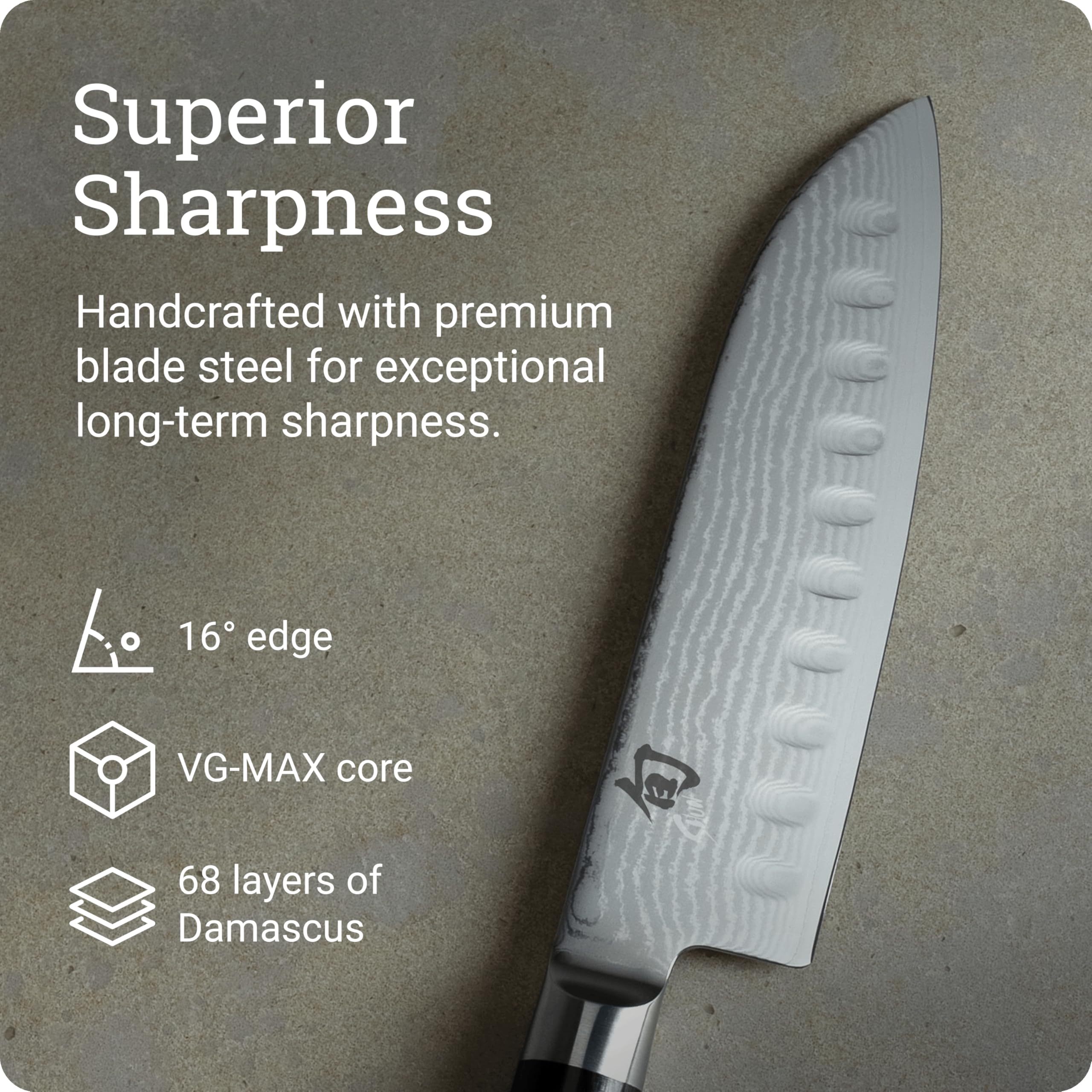 Shun Classic pakkawood handle closeup showing ergonomic, comfortable grip.