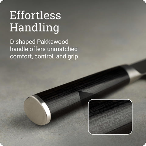 Shun Classic stainless bolster end-cap details for knuckle protection and balance.