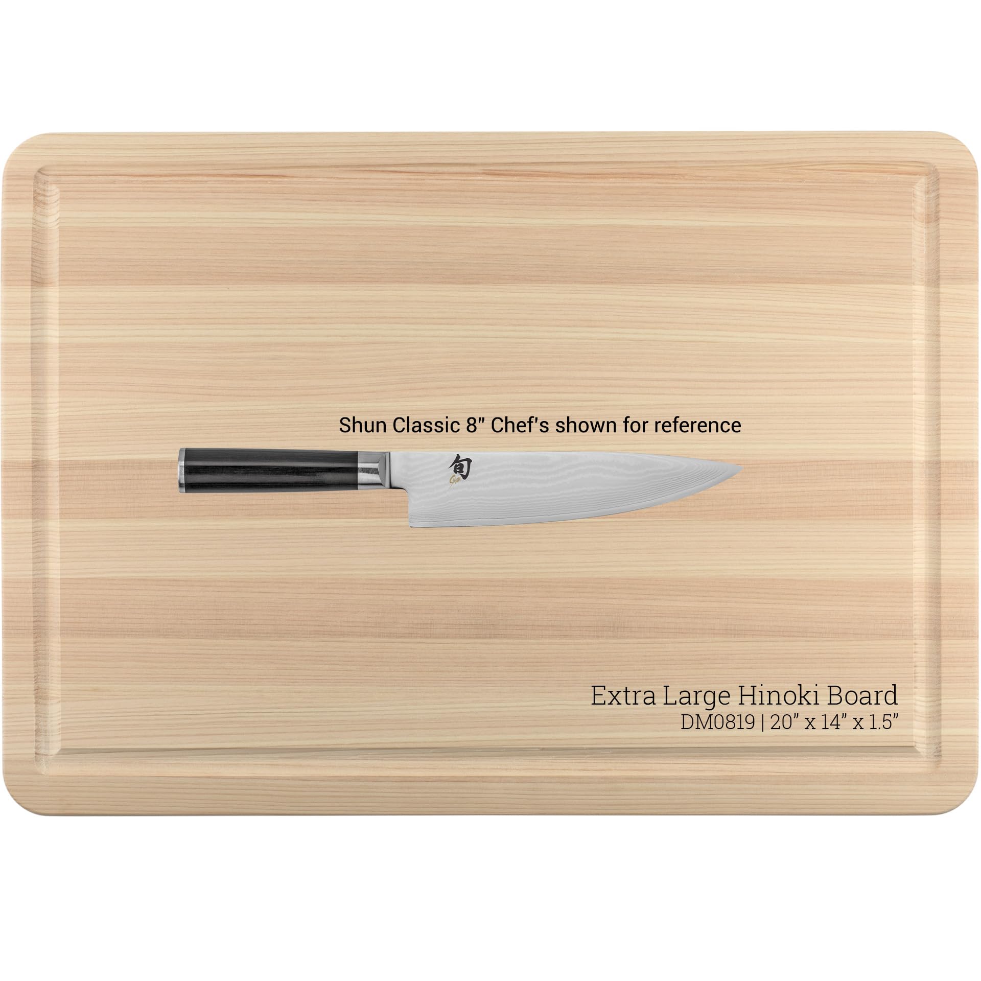 Shun Hinoki board shown with charcuterie and produce prep