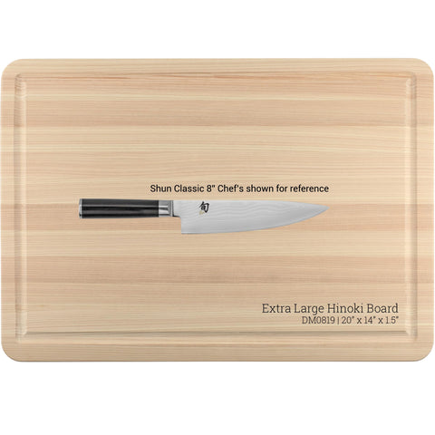 Shun Hinoki board shown with charcuterie and produce prep