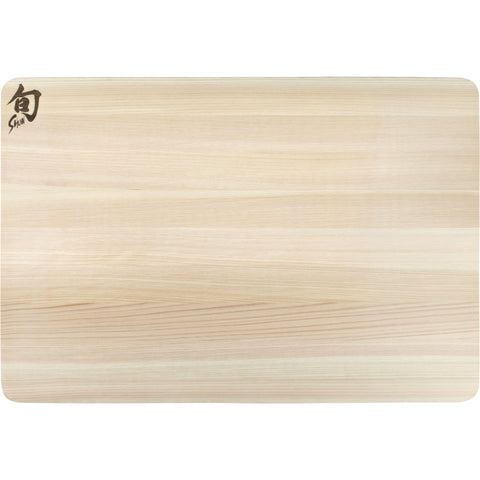 Shun Hinoki cutting board surface, knife-friendly and precise prep.