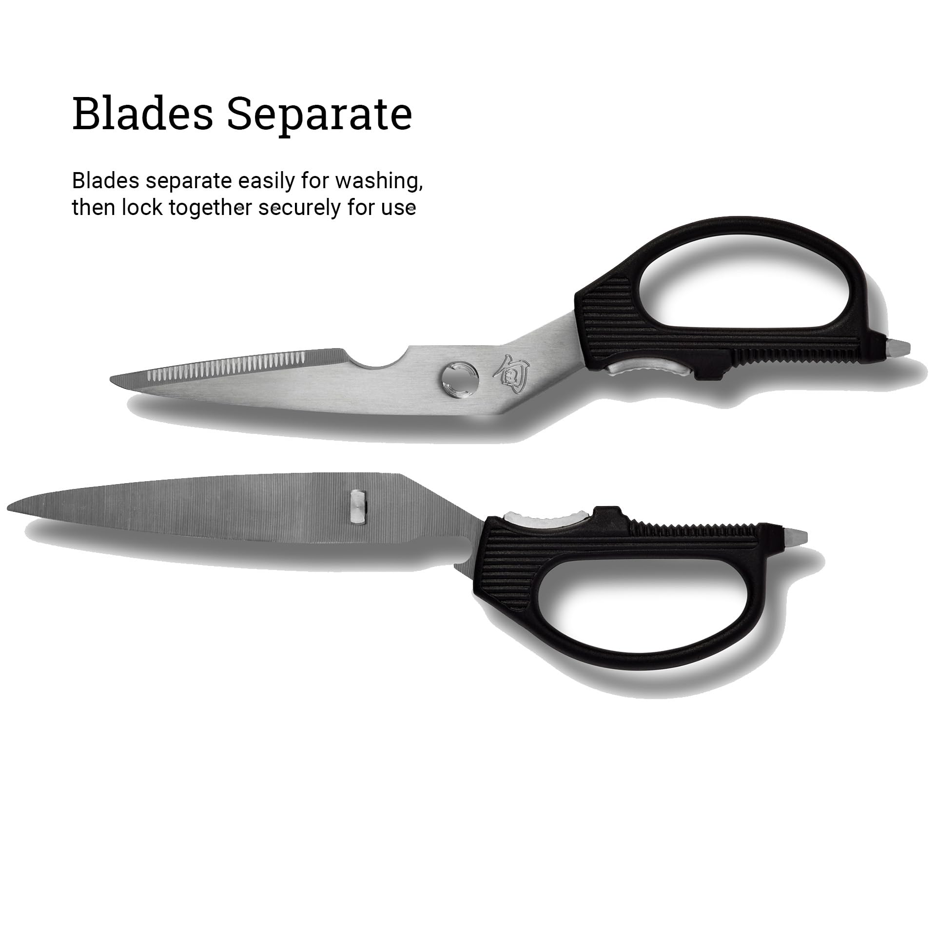Shun kitchen shears with jar opener for easy lid removal.