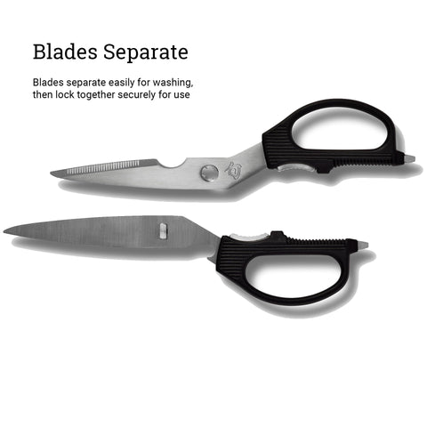Shun kitchen shears with jar opener for easy lid removal.