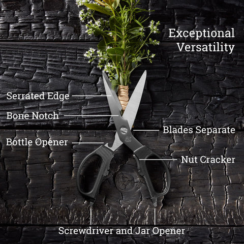 Shun kitchen shears serrated blade close-up for gripping and cutting tough materials.