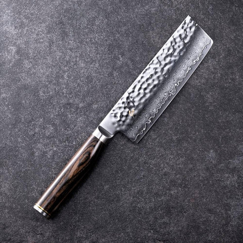 Shun Premier Nakiri with hammered finish to reduce drag for smoother chopping