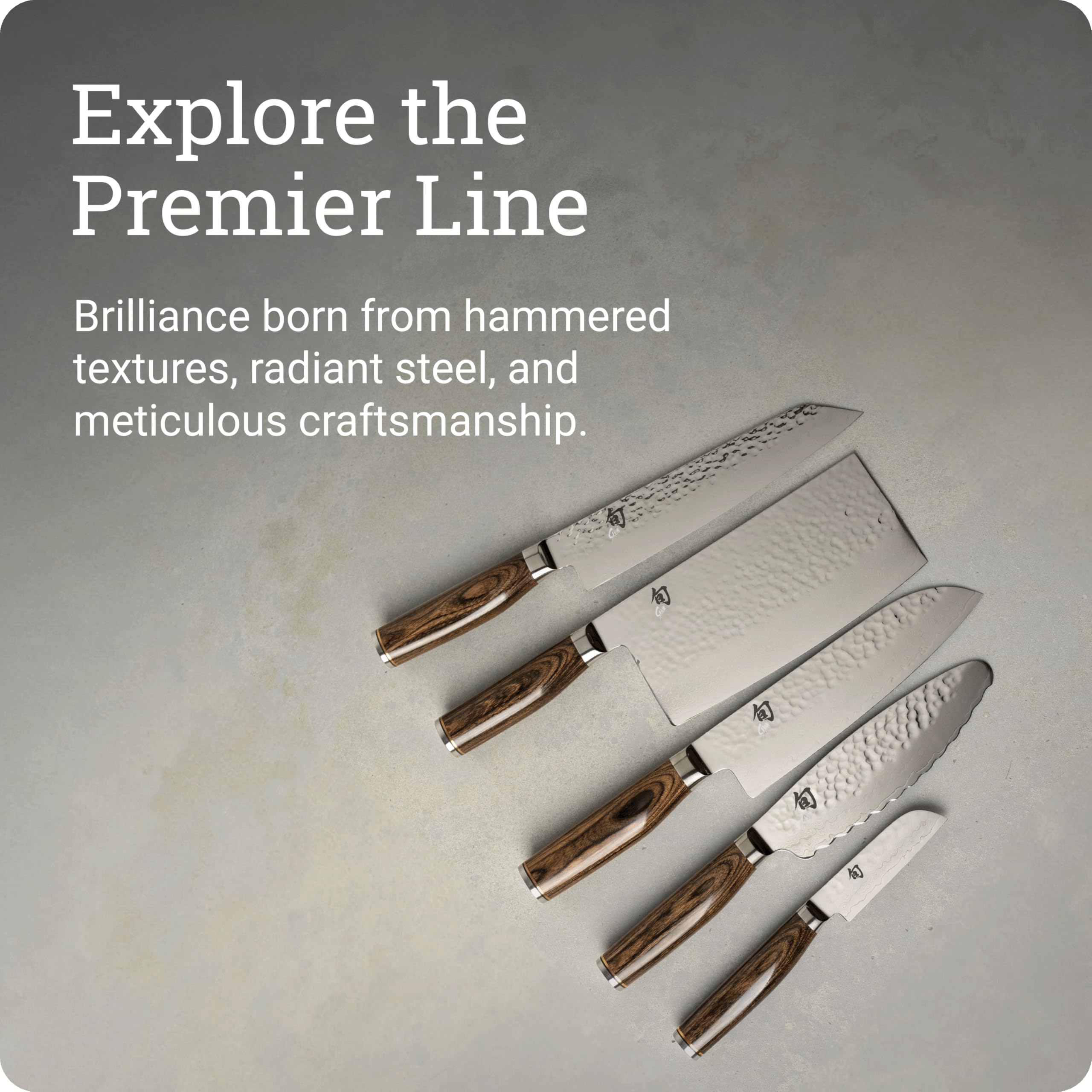 Shun Premier knife displays hammered finish and balanced feel.