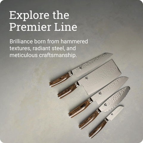 Shun Premier knife displays hammered finish and balanced feel.
