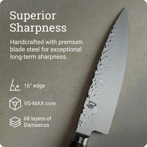 Shun Premier 68-layer Damascus cladding blends strength and beauty.