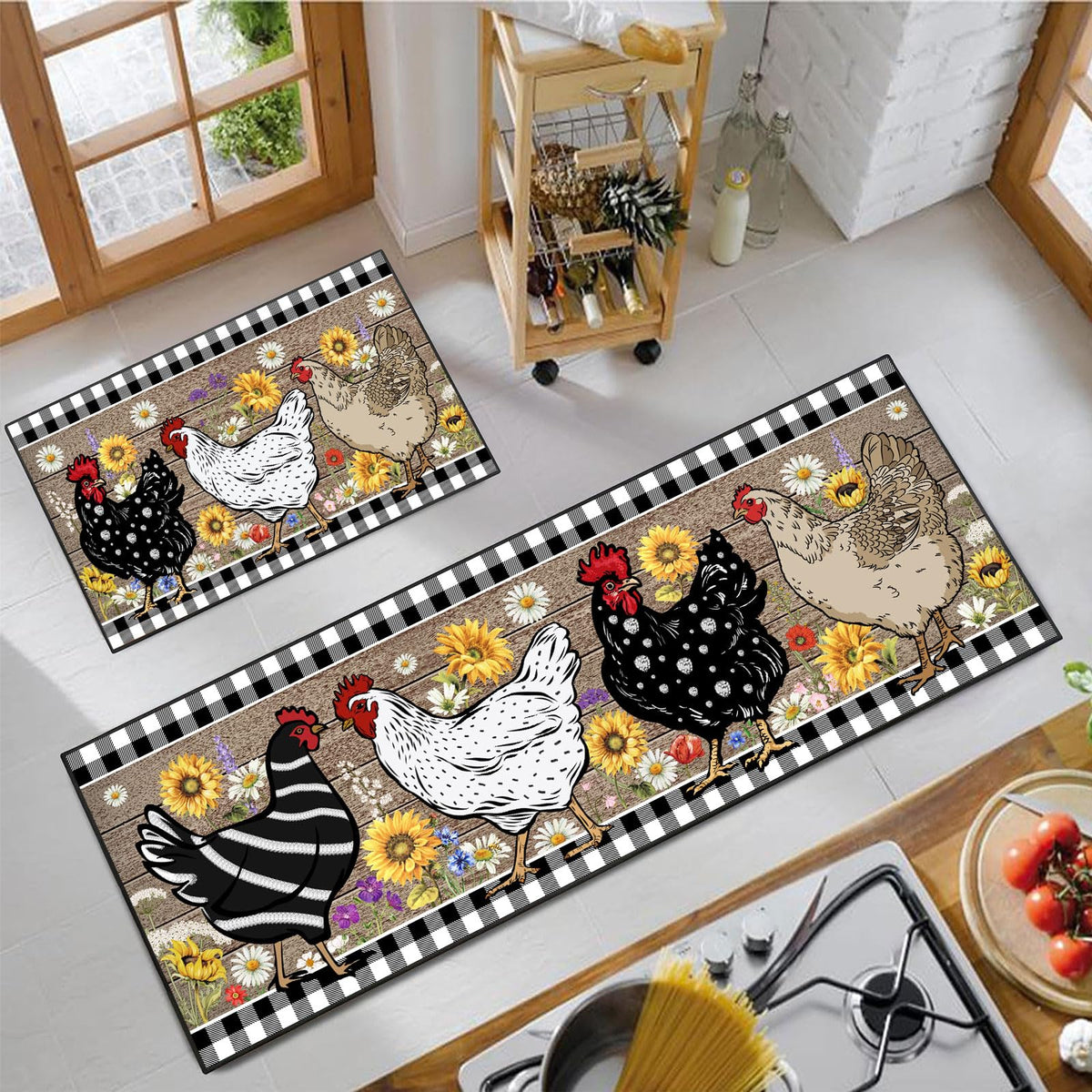 SHUNLCD rooster kitchen rug 2-piece set with bold rooster motif for stylish kitchen spaces