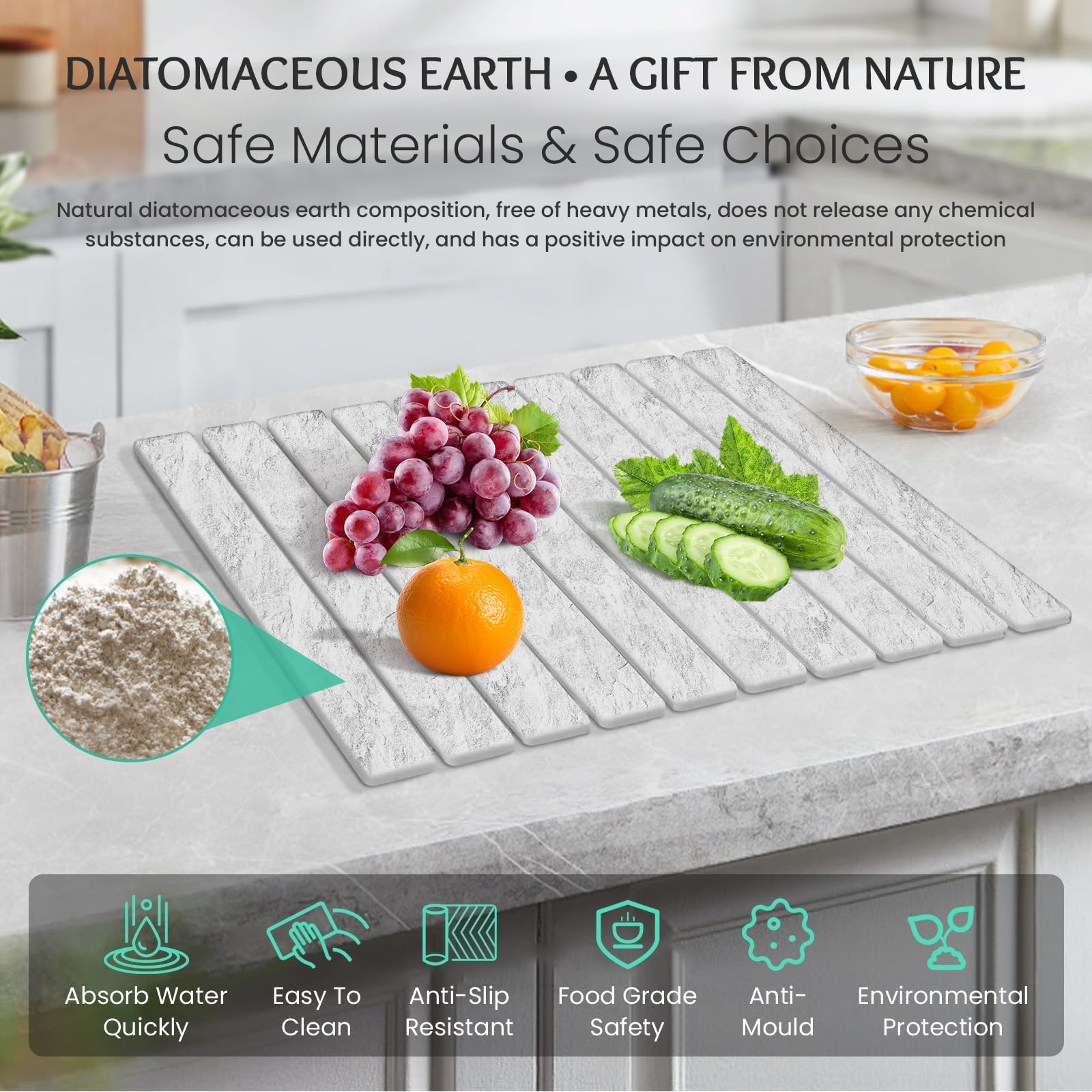 Mat in use on kitchen counter with dishes drying under SHUSHIYAJU branding.
