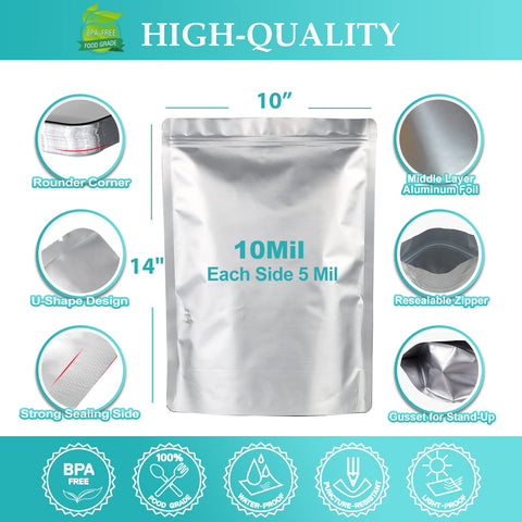 SHXWELL 10mil mylar bags with aluminum interior protect food from light and air.