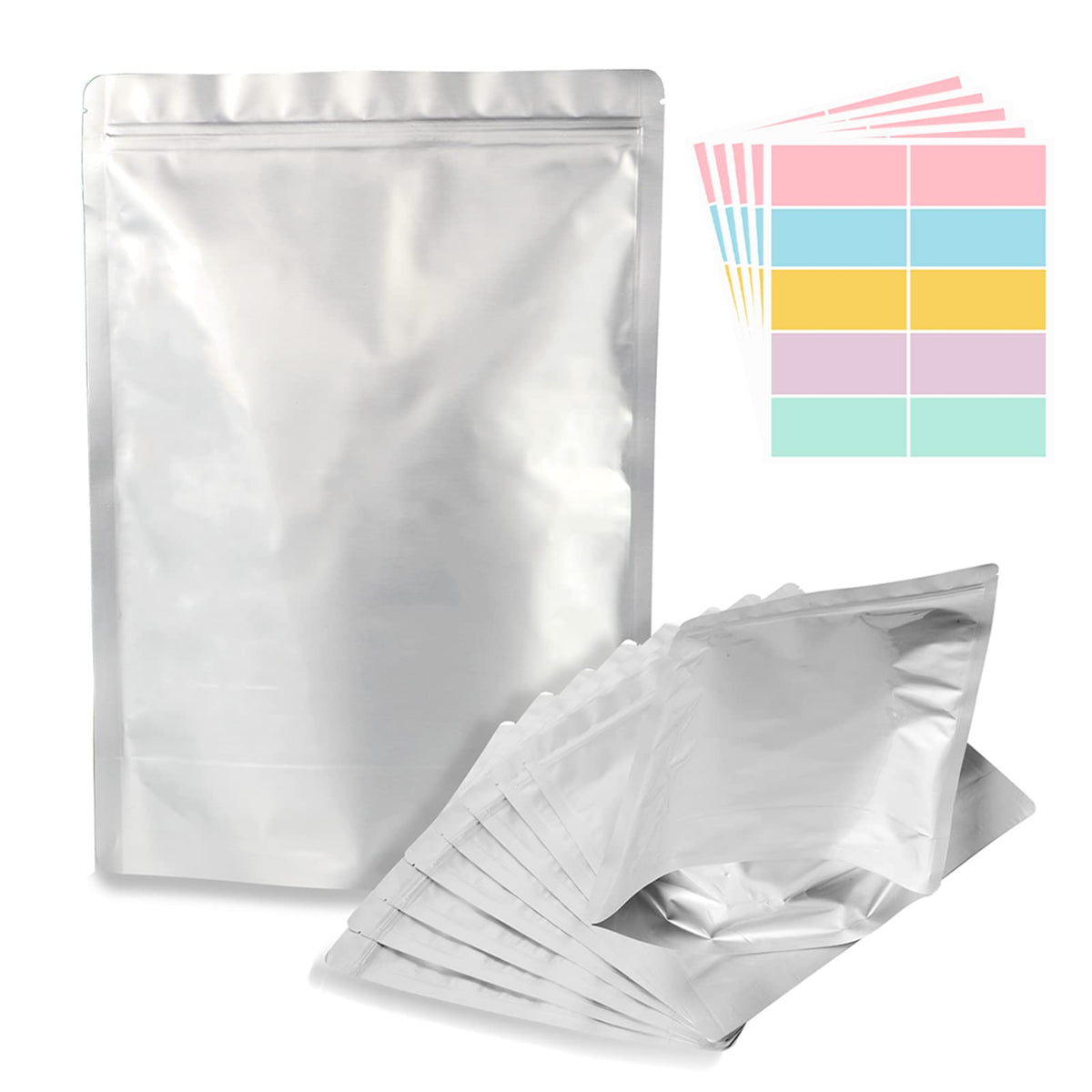 SHXWELL 50-pack mylar bags for 1-gallon storage, ideal pantry organization.