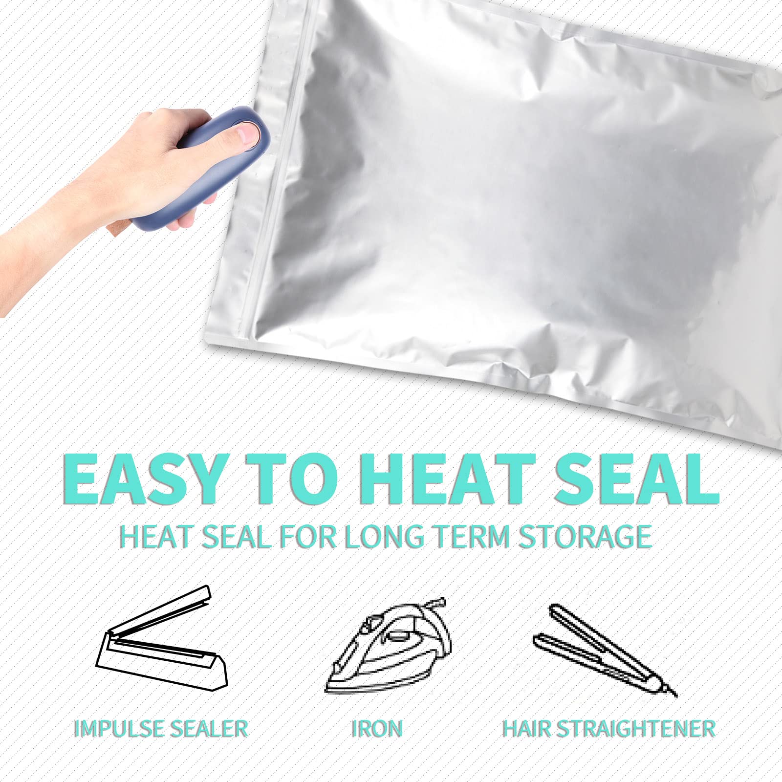 Heat-seal capable bags for airtight long-term storage.