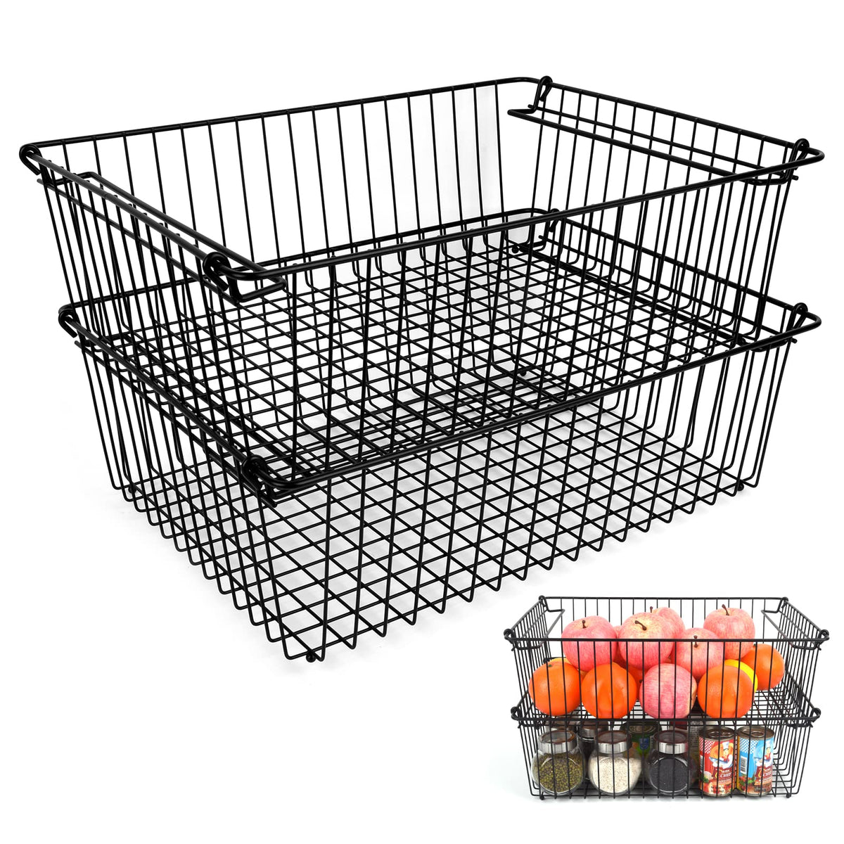 SIBAO XXL stackable wire baskets front view for organized pantry storage.