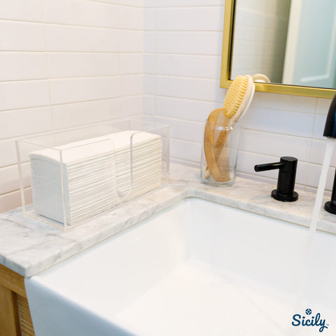 Sicily crystal-clear dispenser showcases multi-fold towels with a clean aesthetic.