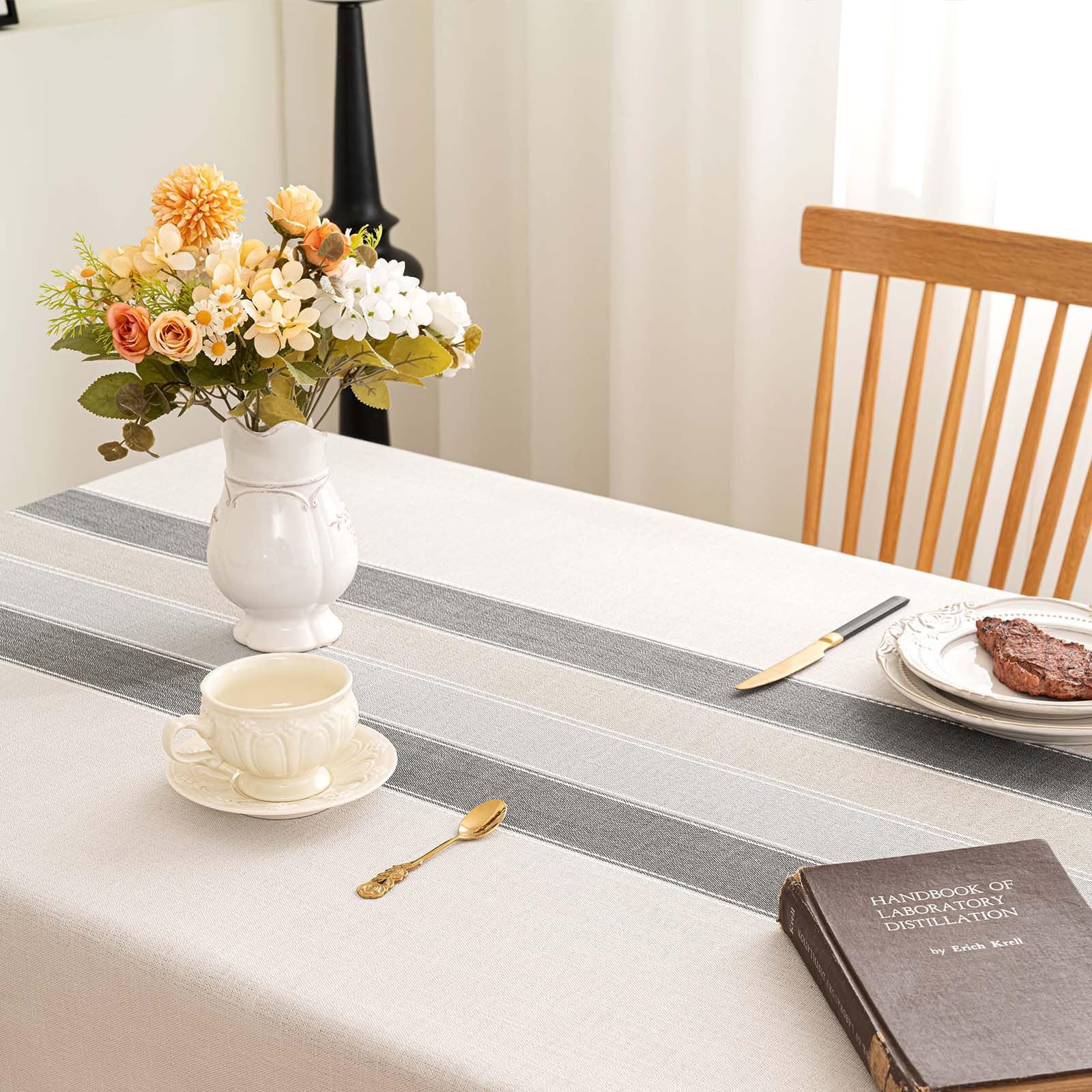 SIELUNO grey macarons pattern tablecloth adds chic focal point to tables.