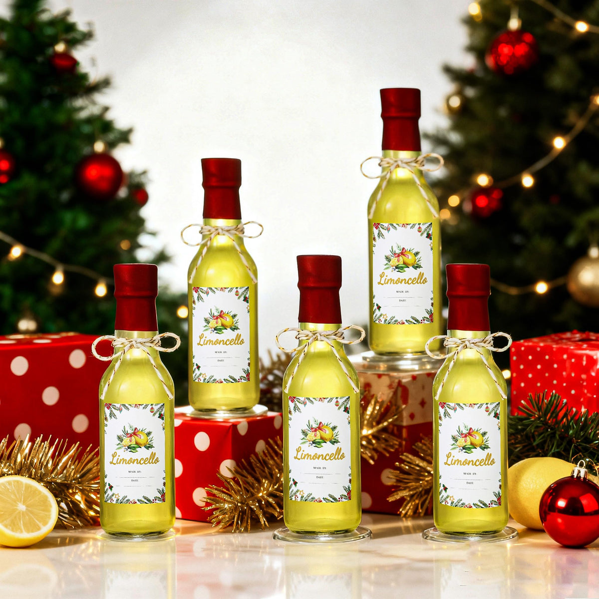 Sieral Christmas bottles with festive lemon labels and caps for gifts