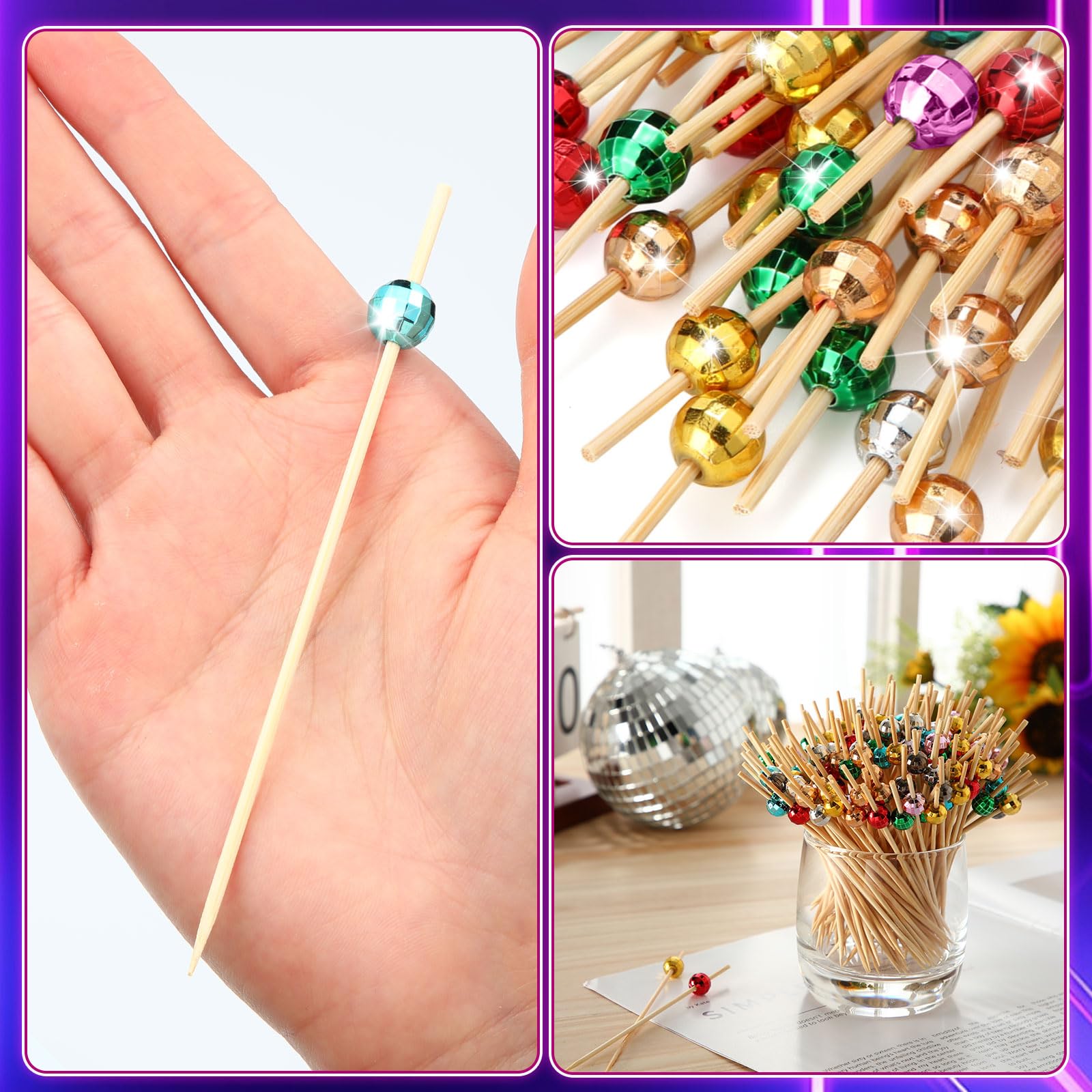Sieral colorful disco ball toothpicks in gold and silver for appetizers