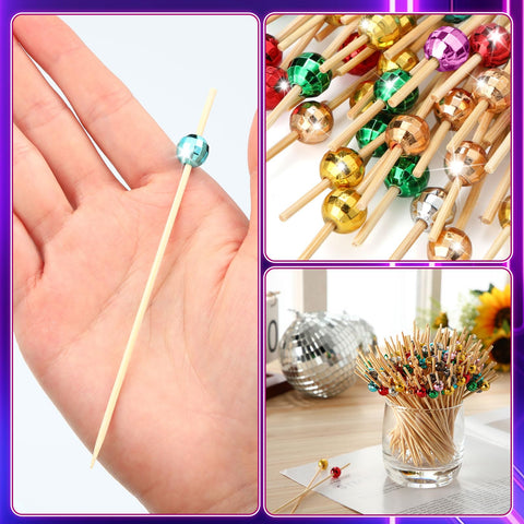 Sieral colorful disco ball toothpicks in gold and silver for appetizers