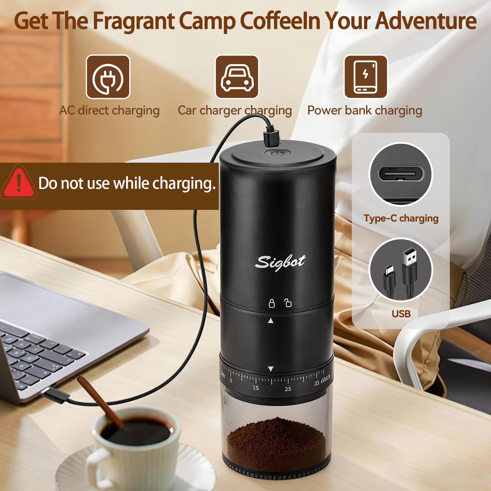 SIGBOT portable coffee grinder espresso-fine grind yields consistent shots with quick grinding