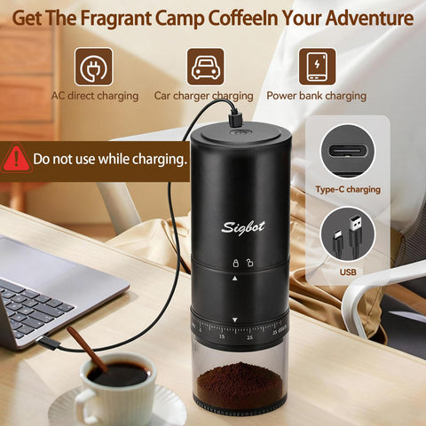 SIGBOT portable coffee grinder espresso-fine grind yields consistent shots with quick grinding
