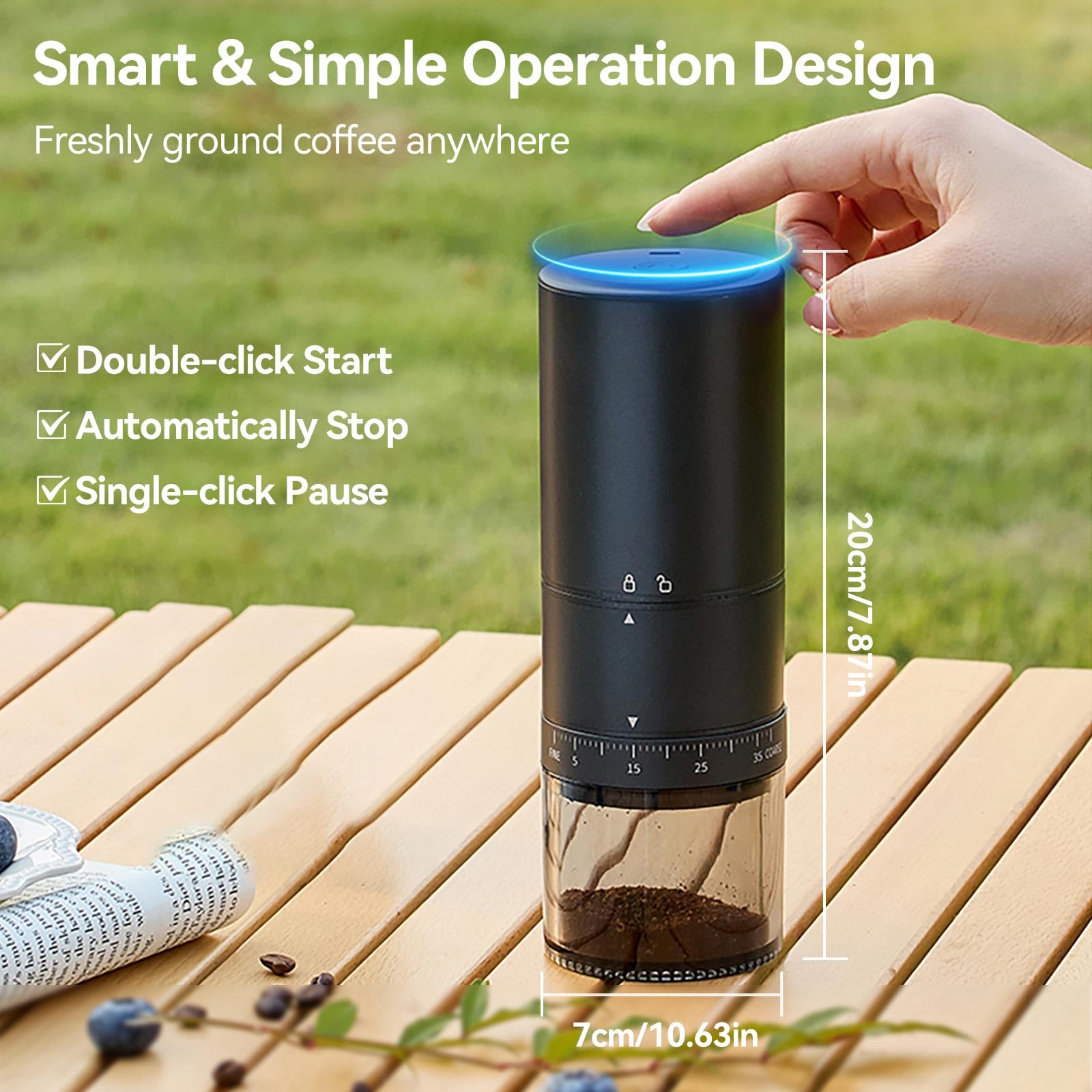 SIGBOT portable coffee grinder in-use on campsite setups offers café-quality grind anywhere