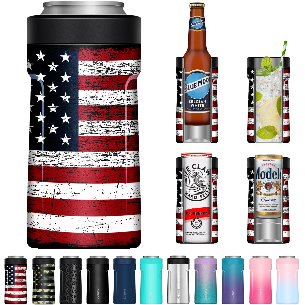 Signice 3-in-1 can cooler in use with a slim 12 oz can, ideal for gatherings.