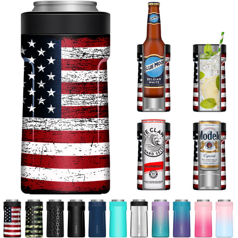 Signice 3-in-1 can cooler in use with a slim 12 oz can, ideal for gatherings.