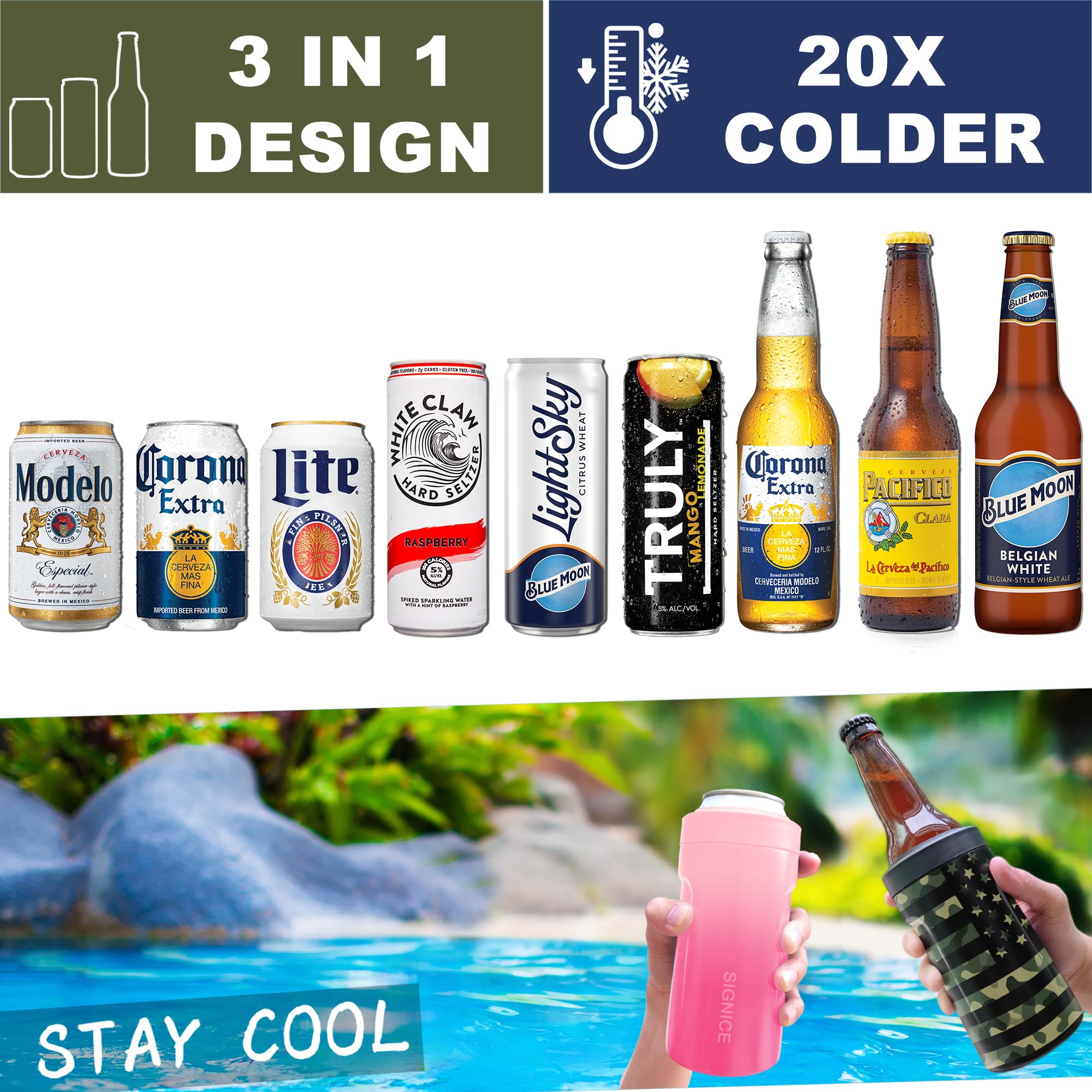 Signice universal can cooler for standard cans enhances outdoor sipping versatility.