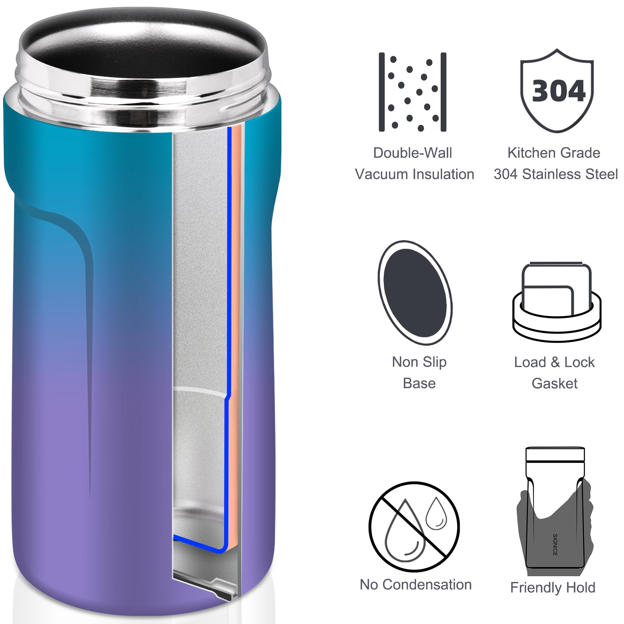 Signice can cooler accommodates beer bottles for versatile on-the-go use.