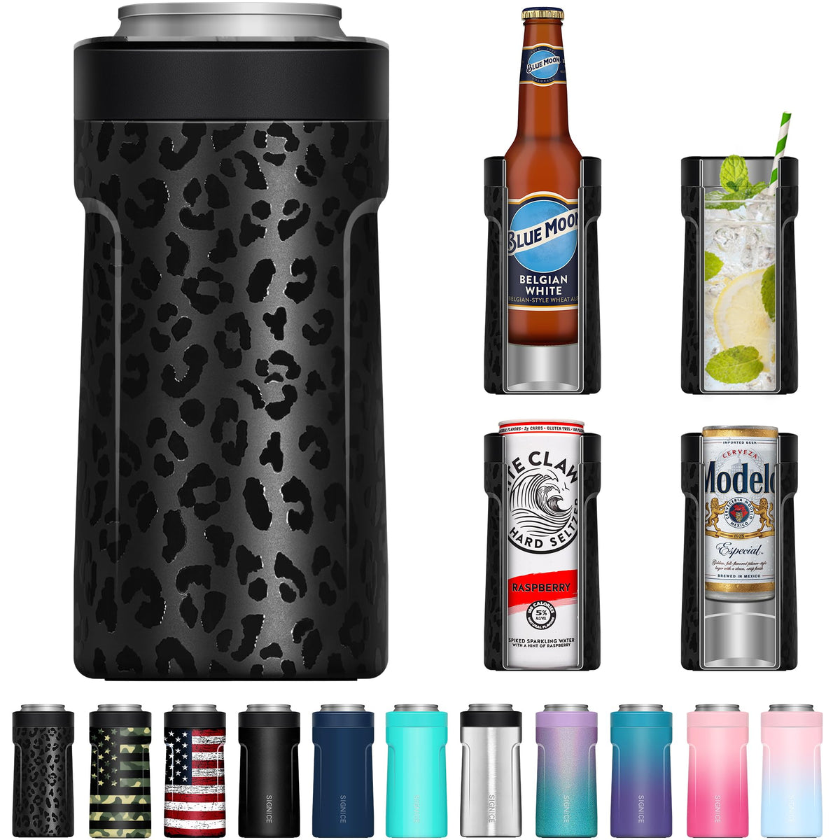 Signice universal can cooler 3in1 insulated preserves cold on 12 oz cans and bottles.