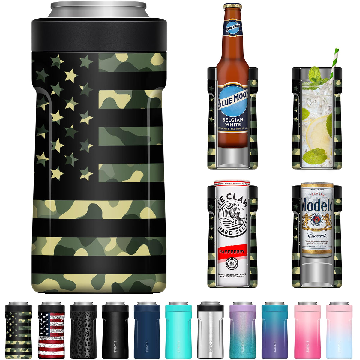 Signice universal can cooler showing 3-in-1 fit for slim and standard cans.