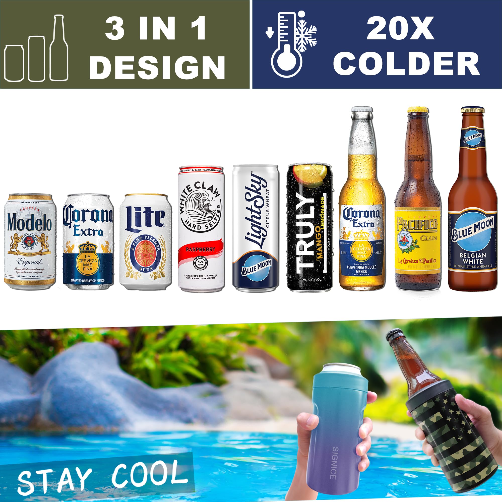 Signice 3-in-1 can cooler fits standard cans for longer chill.