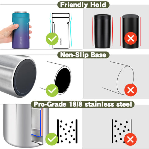 Signice can cooler features sweat-proof exterior for mess-free handling.