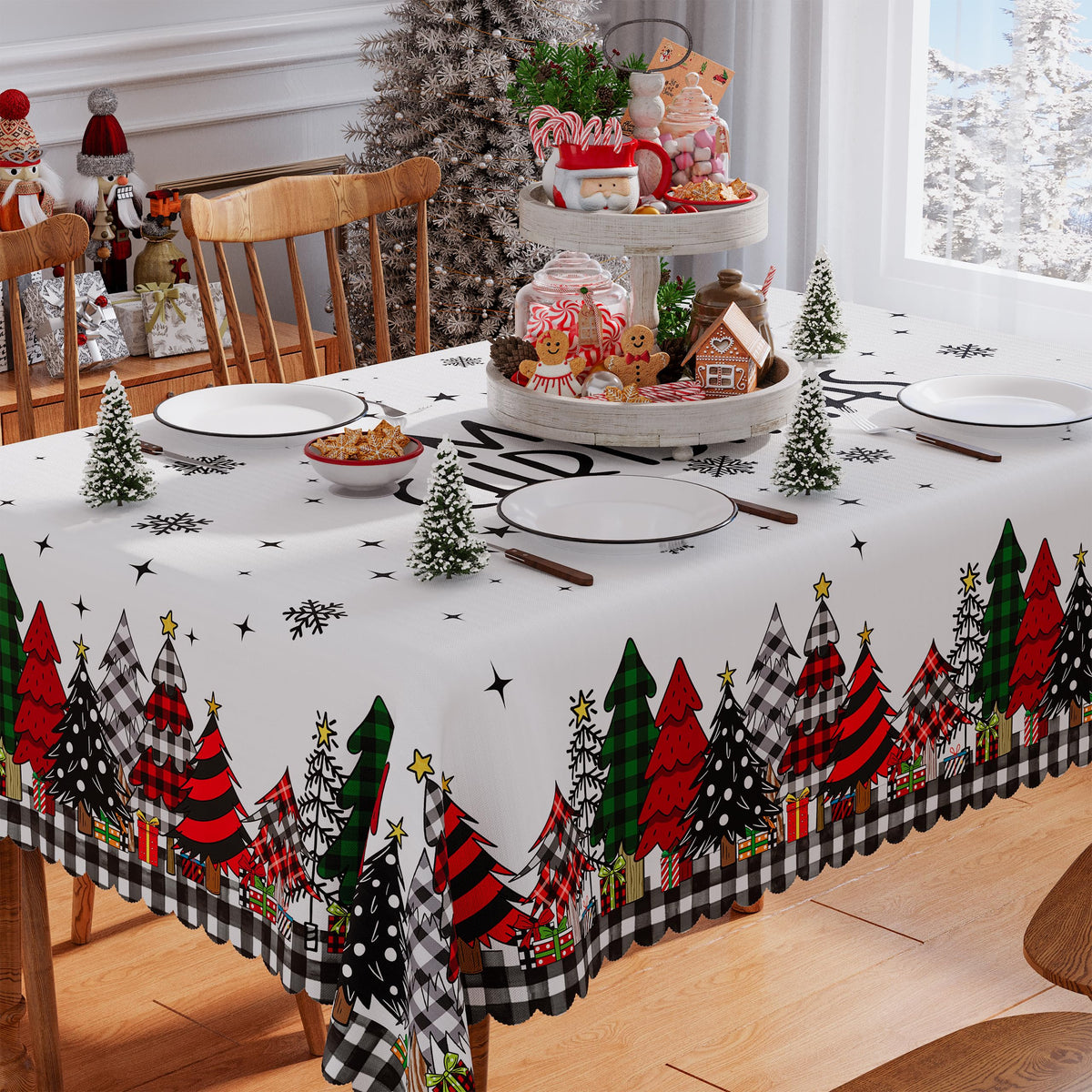 Siilues Christmas Tablecloth with winter plaid on 60x84 rectangle protects surfaces while elevating festive dining