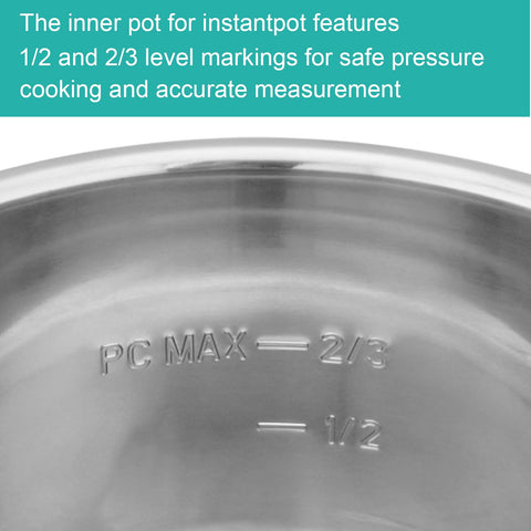 Siireemuu 6QT inner pot markings showing 1/2 and 2/3 levels for safe pressure cooking.