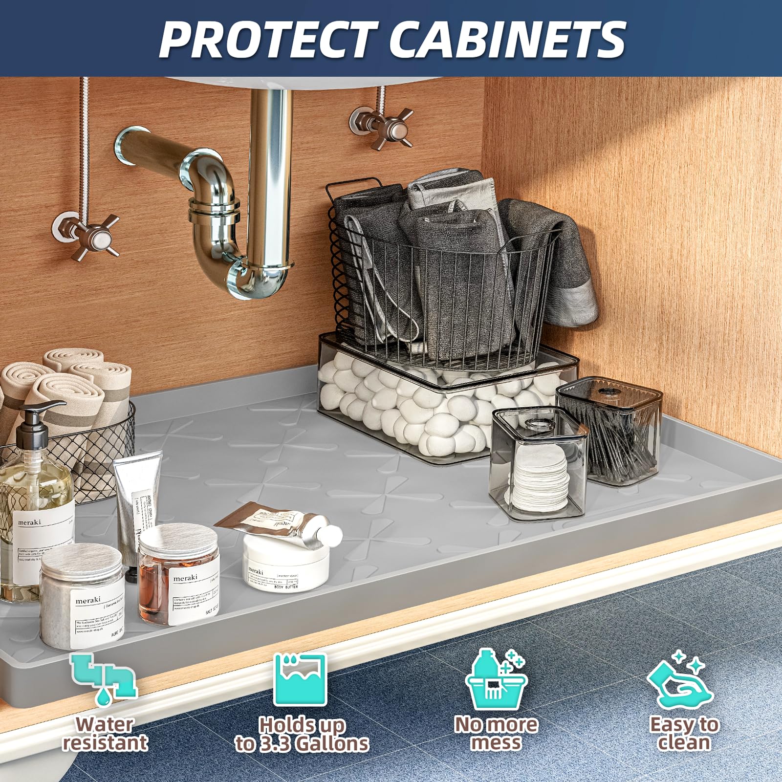 SIKADEER anti-slip mat keeps kitchen bottles and tools in place.