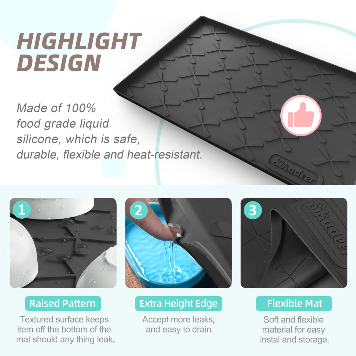 SIKADEER dishwasher-safe mat doubles as placemat or pet mat for easy cleanup.