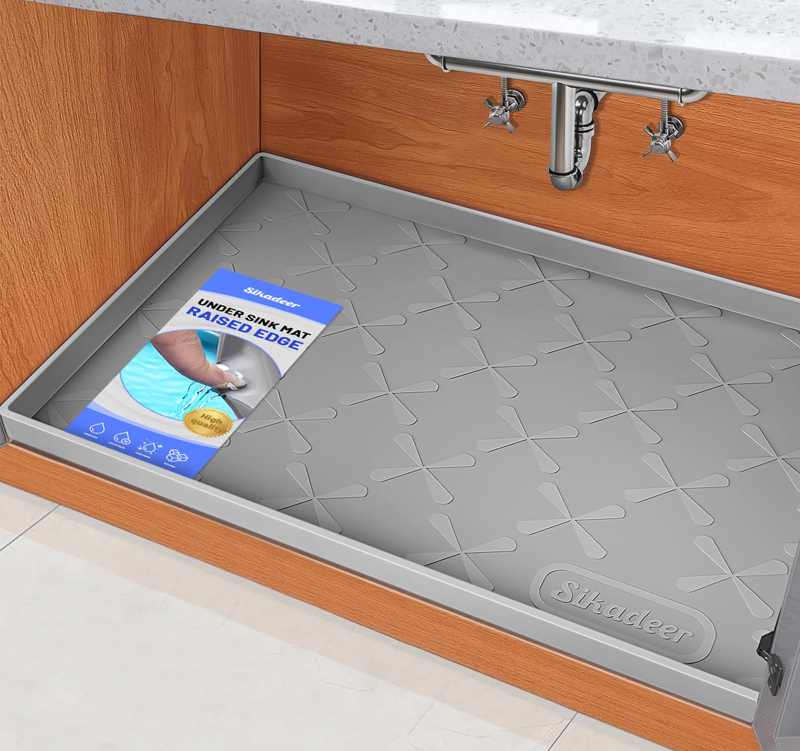 SIKADEER under-sink mat protects cabinets from leaks and spills
