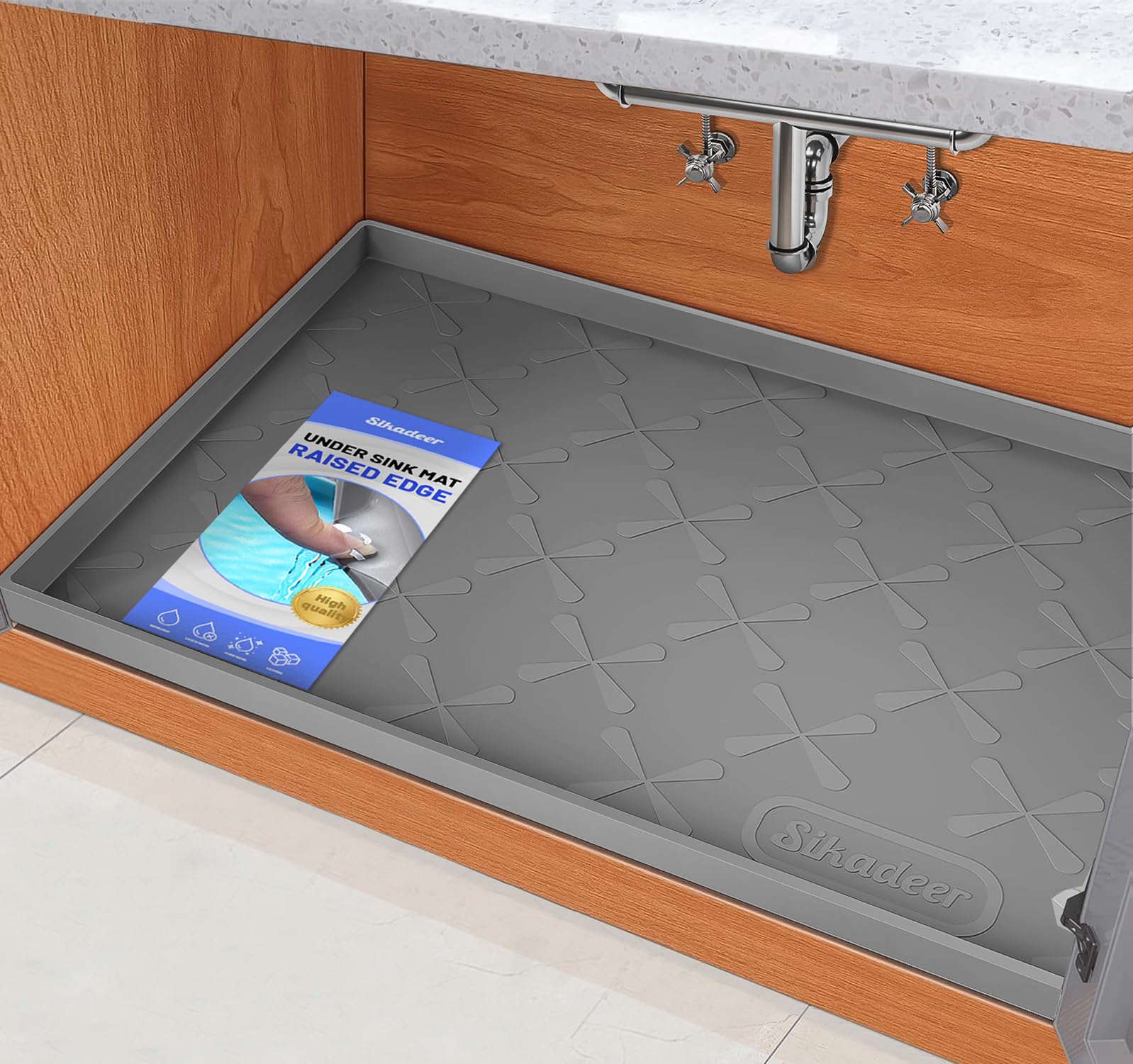SIKADEER under-sink mat 34x22 guards cabinets from leaks with raised edges.